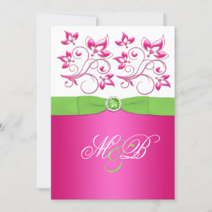Pink, Green, White Floral Monogram Invite