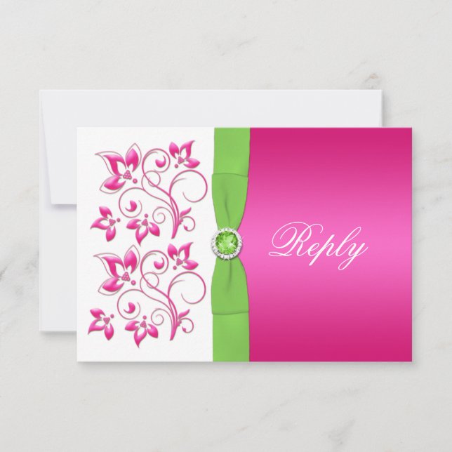 Pink Green White Floral Reply Card -PRINTED RIBBON (Front)
