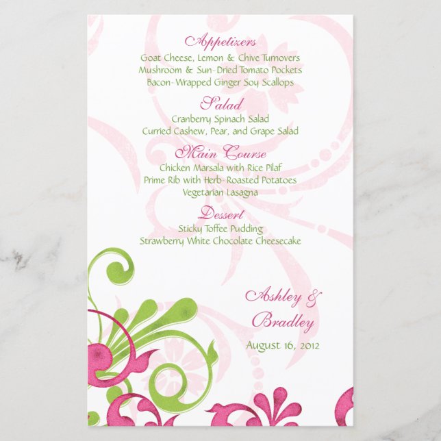 Pink Green White Floral Wedding Menu Card (Front)