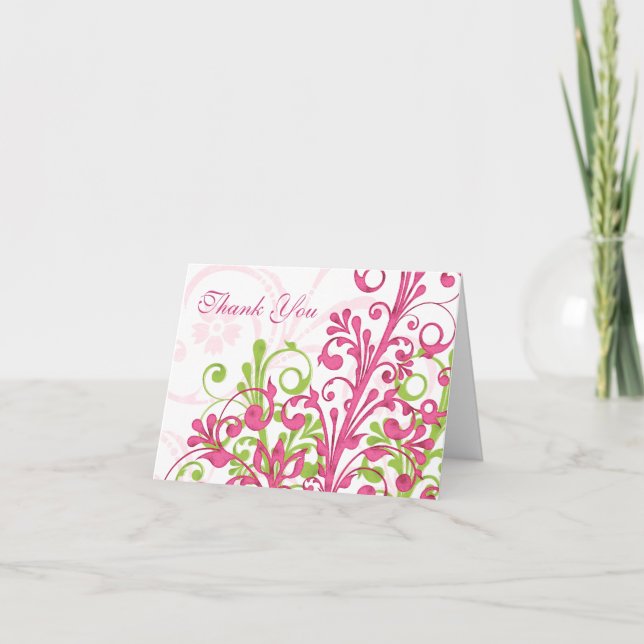 Pink Green White Floral Wedding Thank You Card (Front)