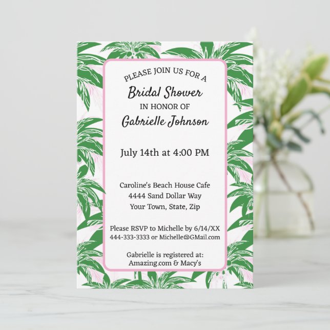 Pink Green White Palm Tree Summer Shower Party Invitation (Standing Front)