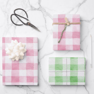 Pink Green White Plaid Stripes Birthday Wrapping Paper Sheet