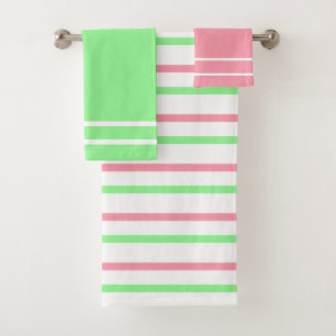 Pink Green White Stripes Geometric Pattern Bath Towel Set