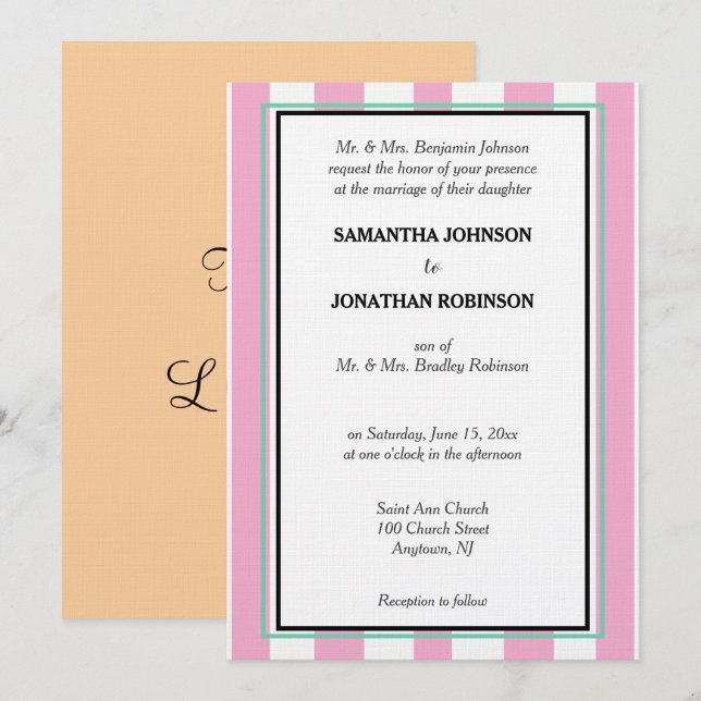Pink Green White Stripes Wedding Invitation (Front/Back)
