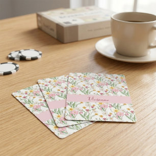 Pink Green Wildflower Watercolor Monogram Name Playing Cards
