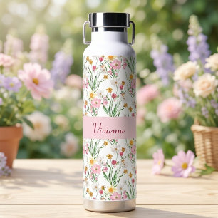 Pink Green Wildflower Watercolor Monogram Name Water Bottle