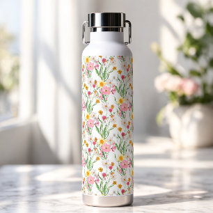 Pink Green Wildflower Watercolor Water Bottle
