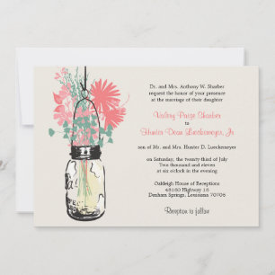 Pink & Green Wildflowers & Mason Jar Wedding Invitation