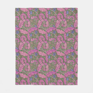 Pink & green William Morris floral Acanthus & Rose Fleece Blanket
