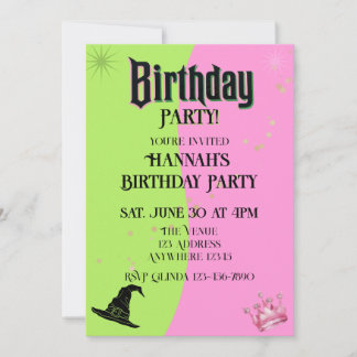 Pink/Green Witch Hat & Princess Crown Birthday Invitation