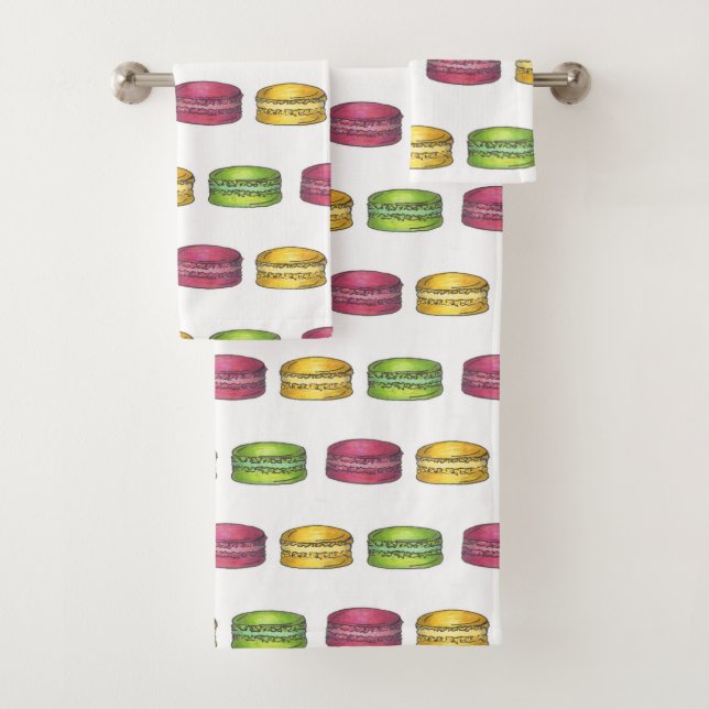Pink Green Yellow French Macaron Cookie Sweets Bath Towel Set (Insitu)