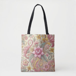 Pink Green Yellow Indonesian Batik Floral Pattern Tote Bag