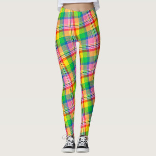 Pink Green Yellow Madras Plaid Design  Leggings