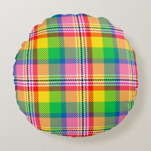 Pink Green Yellow Madras Plaid Design Round Cushion