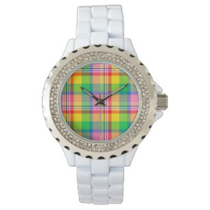 Pink Green Yellow Madras Plaid Design  Watch