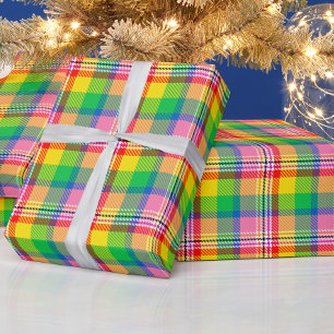 Pink Green Yellow Madras Plaid Design Wrapping Paper