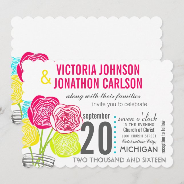 Pink Green Yellow Mason Jar Floral Typography Invitation (Front/Back)
