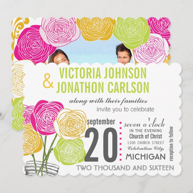 Pink Green Yellow Photo Floral ModernTypography Invitation (Front/Back)