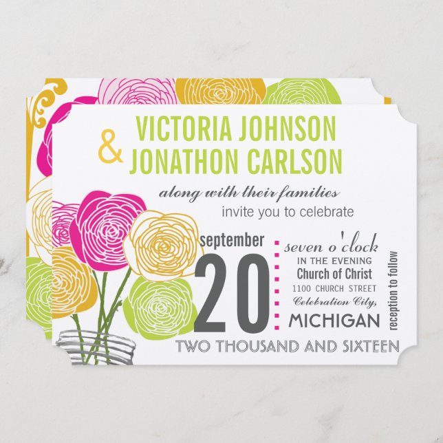 Pink Green Yellow Photo Floral ModernTypography Invitation (Front/Back)