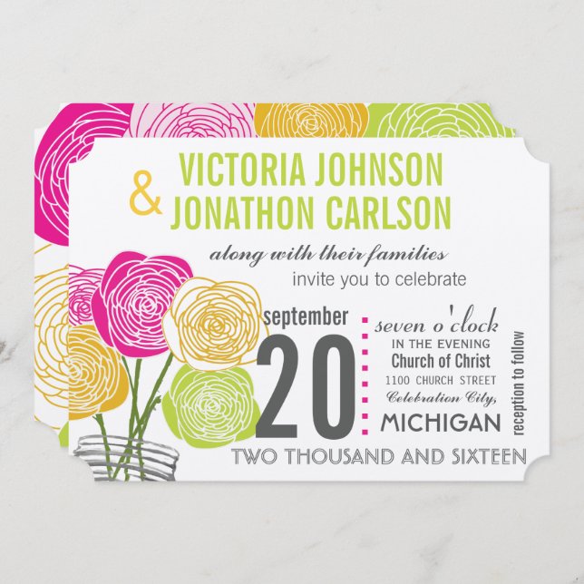 Pink Green Yellow Photo Floral ModernTypography Invitation (Front/Back)