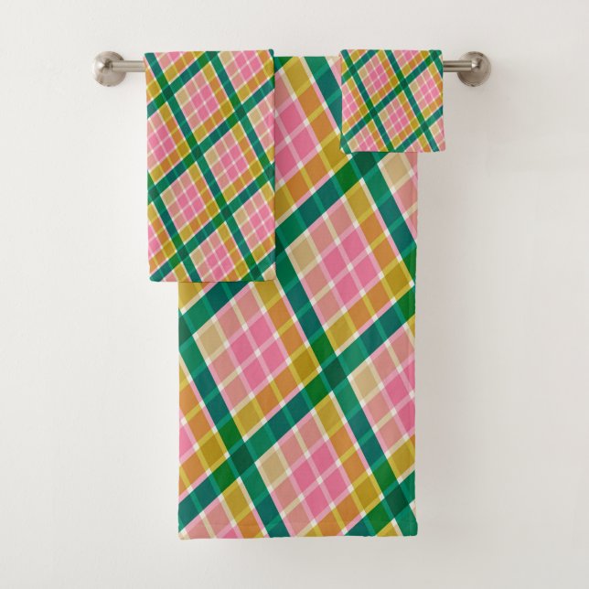 Pink Green Yellow Plaid Bright Modern Preppy Retro Bath Towel Set (Insitu)