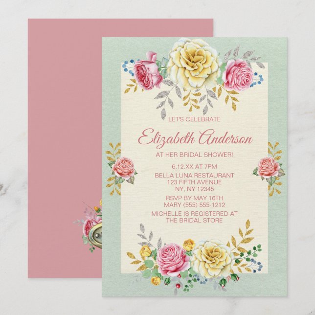 Pink Green Yellow Rose Gold Silver BRIDAL SHOWER Invitation (Front/Back)