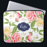 Pink Green & Yellow Spring Flowers Watercolors Laptop Sleeve<br><div class="desc">Elegant modern watercolors illustration pink roses and pail yellow spring flowers bloom. Customisable white background and customisable monogram on navy blue name-tag/frame.</div>