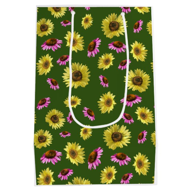 Pink Green Yellow Sunflower Coneflower Summer Medium Gift Bag (Back)