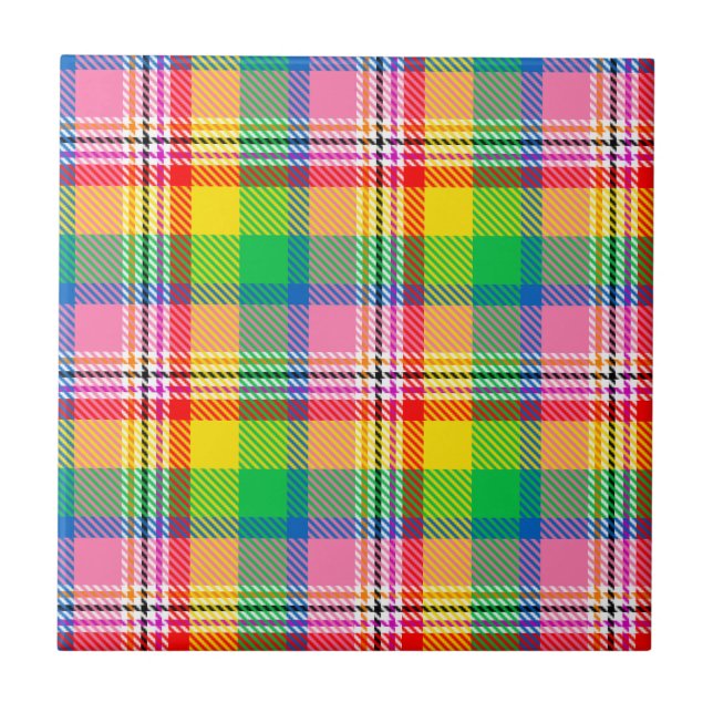 Pink Green Yellow Tartan Plaid Design  Tile (Front)
