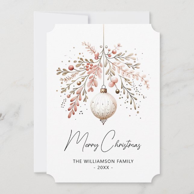 Pink Greenery Bauble Christmas Watercolor Card (Front)