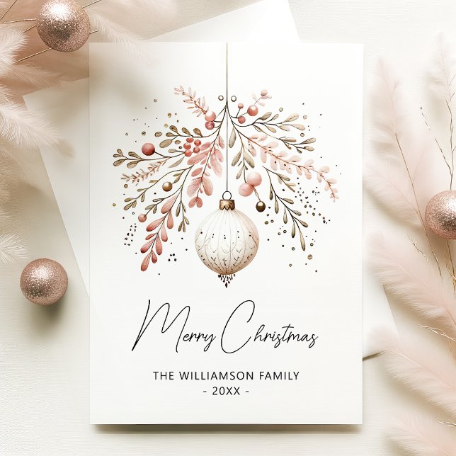 Pink Greenery Bauble Christmas Watercolor Card (Creator Uploaded)