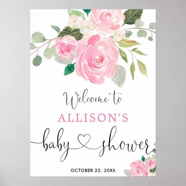 Pink greenery floral girl baby shower welcome sign (Front)