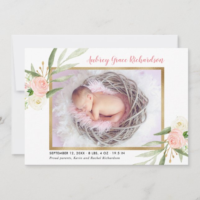 Pink greenery gold elegant girl birth announcement (Front)
