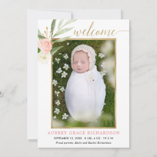 Pink greenery gold elegant girl birth announcement