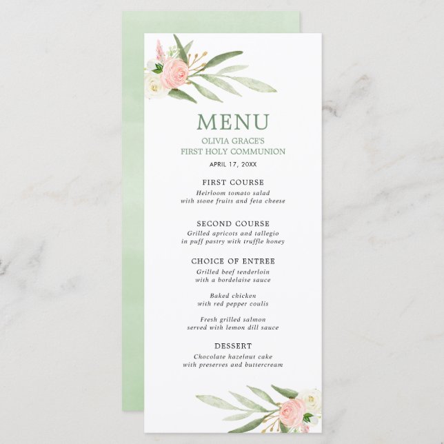 Pink greenery gold green leaves elegant menu (Front/Back)