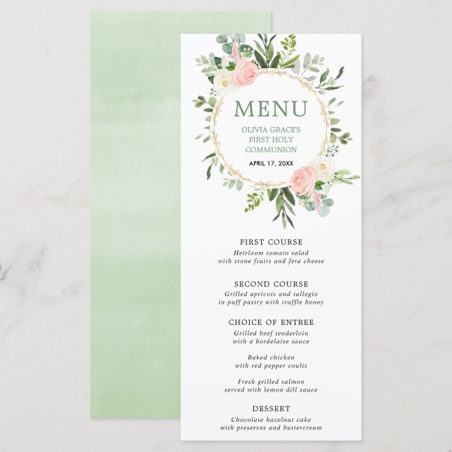 Pink greenery gold green leaves eucalyptus menu (Front/Back)