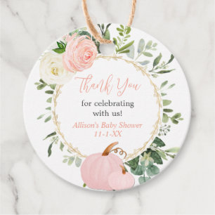 Pink greenery pumpkins elegant fall baby shower favour tags