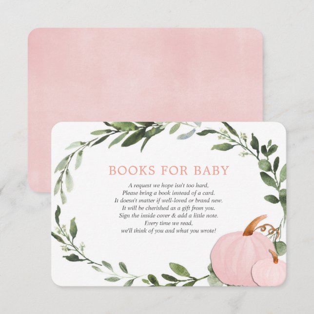 Pink greenery pumpkins fall books for baby girl enclosure card (Front/Back)