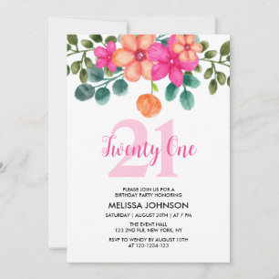 Pink Greenery Spring Flower 21st Birthday Invitation