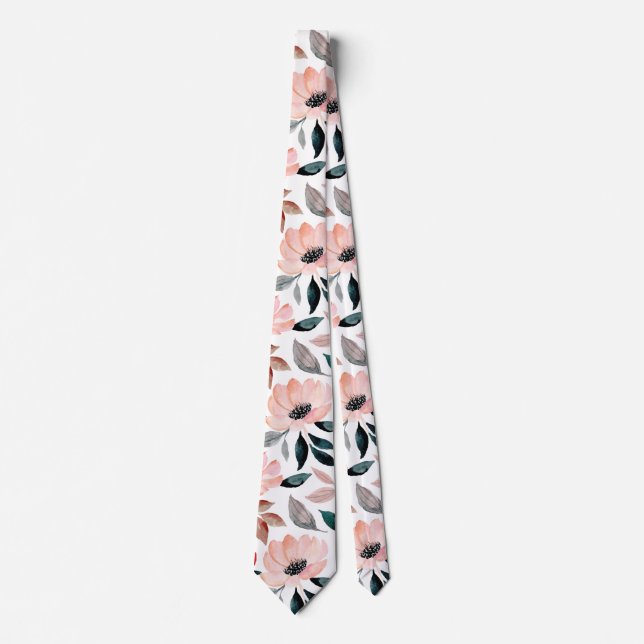 Pink Greenery Watercolor Floral Pattern Tie (Front)