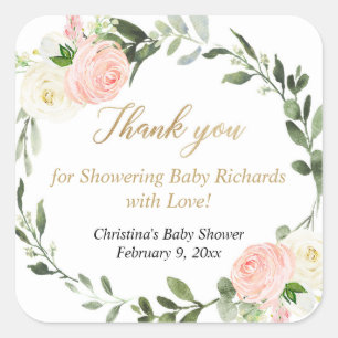 Pink greenery white floral watercolor elegant square sticker