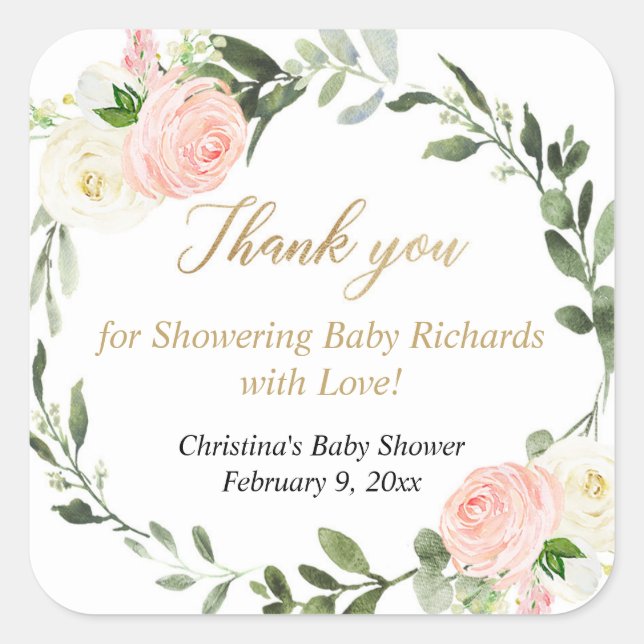 Pink greenery white floral watercolor elegant square sticker (Front)