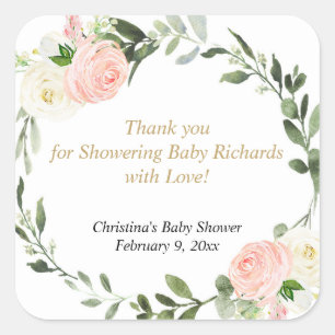 Pink greenery white floral watercolor elegant square sticker