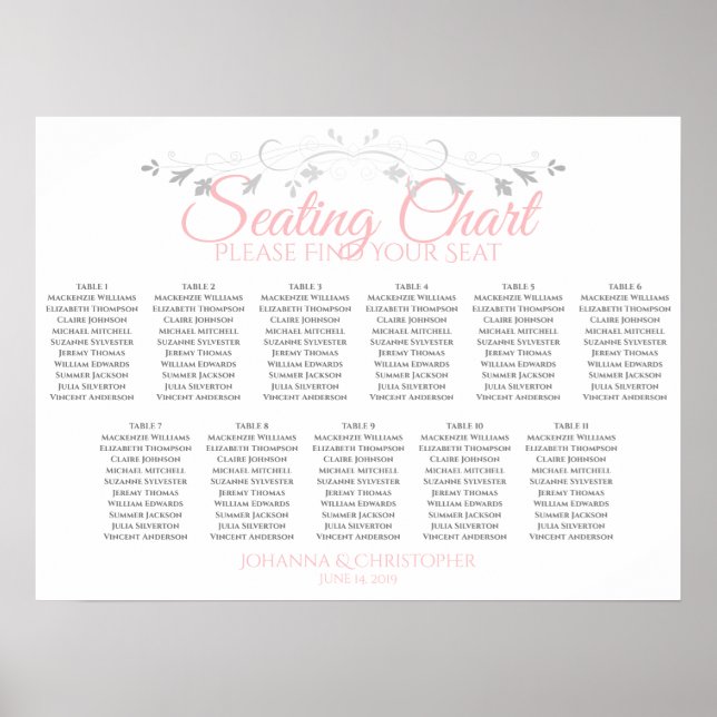 Pink & Grey 11 Table Wedding Seating Chart (Front)