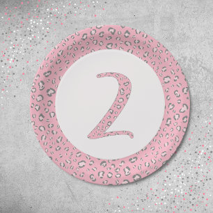 Pink Grey 2nd Birthday 2 Leopard Pattern  Paper Plate