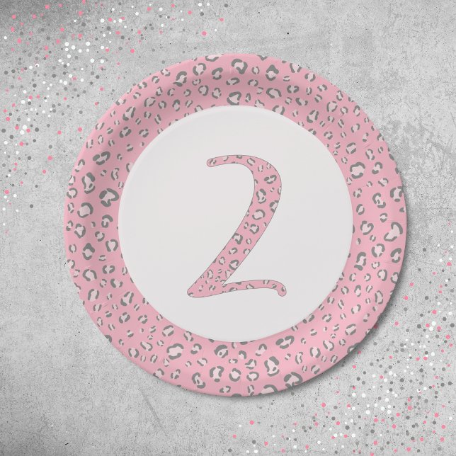 Pink Grey 2nd Birthday 2 Leopard Pattern  Paper Plate (Creator Uploaded)