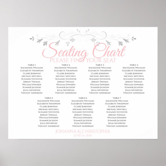 Pink & Grey 7 Table Wedding Seating Chart (Front)