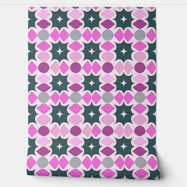 Pink Grey Abstract Retro Geometric Pattern Wallpaper (Unrolling)