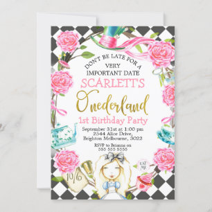 Pink Grey Alice In Onederland 1st Birthday Invitation