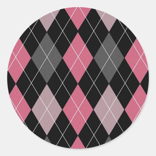 Pink, Grey and Black Argyle Patterned Design Classic Round Sticker (Front)